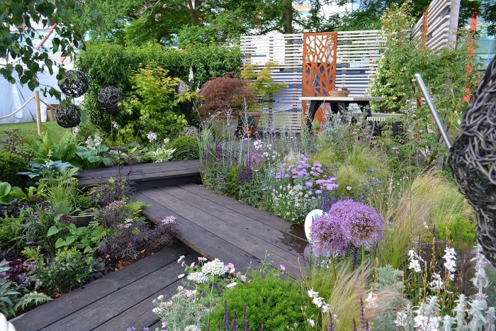 Award winning garden with purple flowers and brown decking